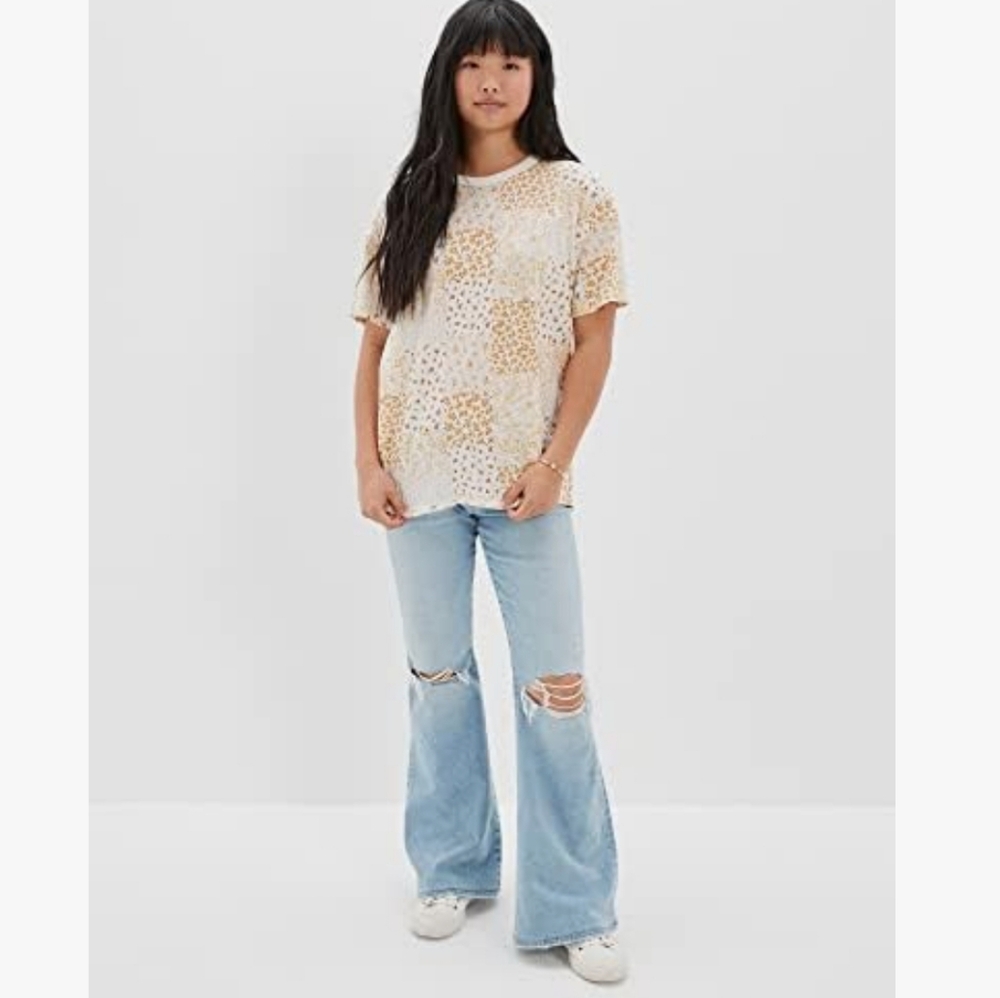 American Eagle Outfitters Cream and Yellow Printed Short Sleeve Tee